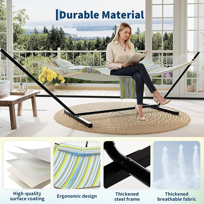 Double Hammock with Stand for Outdoor Use – 2-Person Portable Hammock with Curved Spreader Bar & Balance Ropes, Heavy Duty 450 LBS Capacity for Backyard, Patio & Camping, Green Blue Stripes