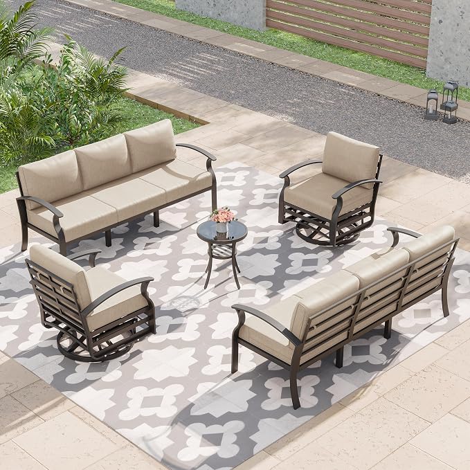Kurapika Aluminum Patio Furniture Set 8-Seat Modern Metal Outdoor Conversation Sets w/Swivel Rocking Chairs Patio Sectional Sofa w/5.1 Inch Cushion, Sand