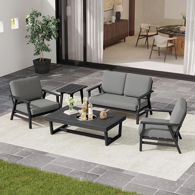 4 Pieces Patio Furniture Sets, Black Wood Outdoor Sectional Furniture with Coffee Table, 4 Seats Patio Sofa Couch Conversation Set for Backyard Deck - Gray