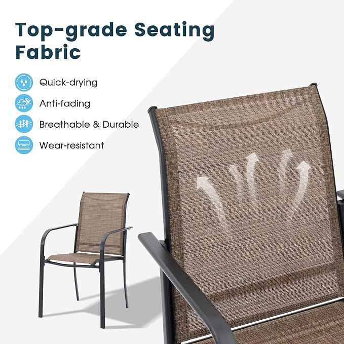 7 Pieces Patio Dining Set, 47" Round Dining Table with Umbrella Hole, 6 Stackable Textilene Fabric Chairs, Metal Structure for Patio, Porch, Garden(Walnut Table, Brown Chair)