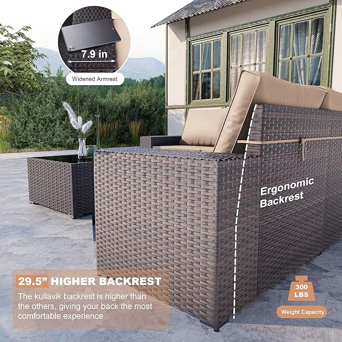 Kullavik 13PCS Outdoor Patio Furniture Set with 43" 55000BTU Gas Propane Fire Pit Table PE Wicker Rattan Sectional Sofa Patio Conversation Sets,Sand