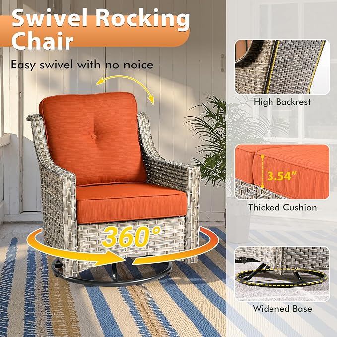 6 PCS Outdoor Patio Furniture Sets,Patio Conversation Sets Outside Rattan Soft Cushion Sofa with 2 Wicker Rocking Chairs & 54 in Fire Pit Table Fit Backyard Garden Poolside Balcony,Coarse Stripes Red