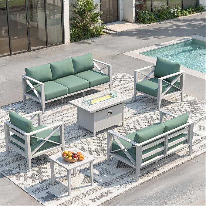 Aluminum Outdoor Patio Furniture Set with 43" Fire Pit Table, 9-Piece Outdoor Sectional with 5.2" Thick Cushions, Patio Conversation Sets for Backyard,(White,7 Seats)