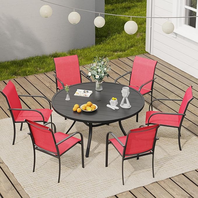 VICLLAX Round Outdoor Dining Set, Patio Table and Chairs Set Set of 6 Patio Stackable Chairs and 47" Outdoor Round Table with Umbrella Hole for Backyard Lawn Garden, Red Chairs and Black Table