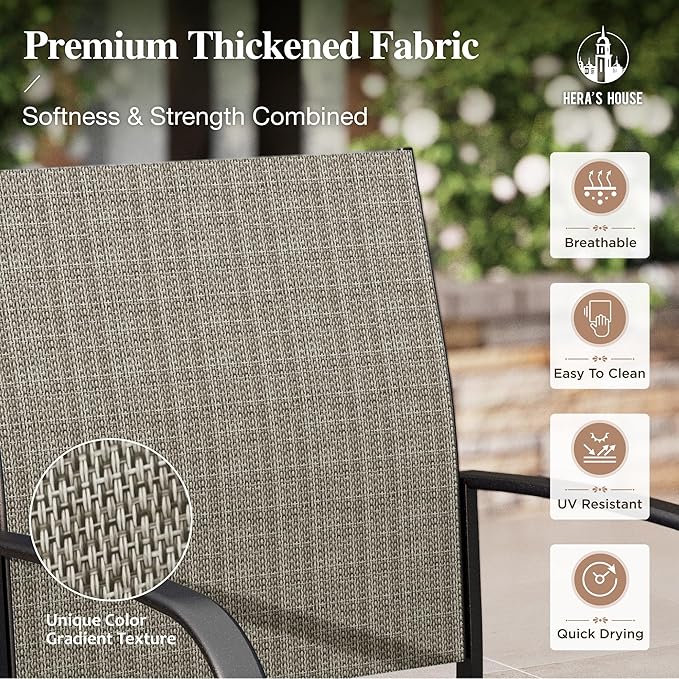 HERA'S HOUSE 7pc Outdoor Patio Dining Set, Wood-Look Metal Table, Brown | 64" rectangular table with umbrella hole, 6 textilene chairs. Waterproof, rust-resistant, all-weather for backyard, porch