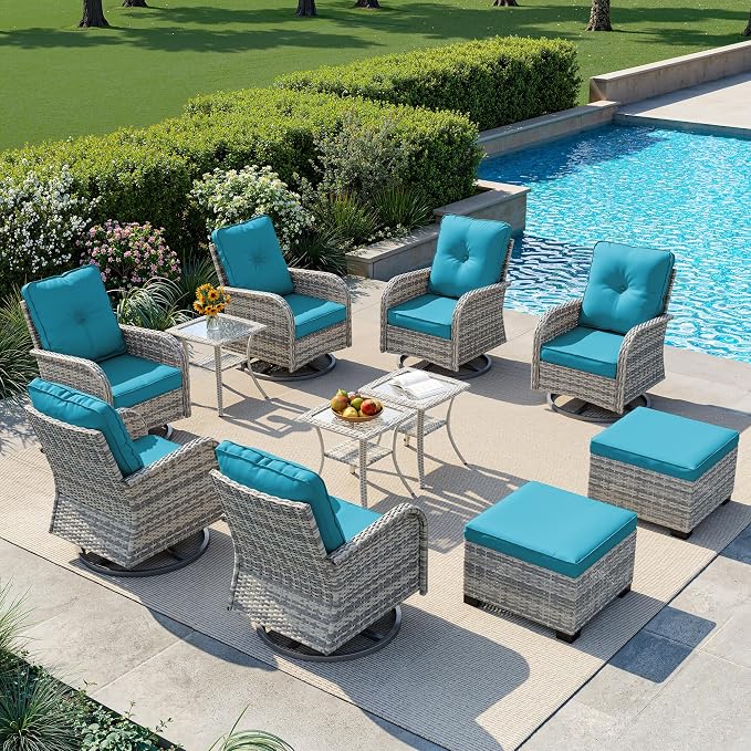11-Piece Small Patio Furniture Set, Outdoor Swivel Rocking Chairs Set with Ottomans, Patio Bistro Set for Balcony, Deck, Porch, Lake Blue