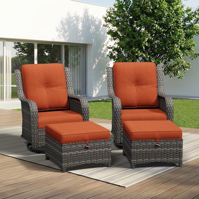 4 Piece Outdoor Wicker Patio Furniture Set, Outdoor Swivel Rocker Patio Chairs Set with Thickened Olefin Cushions, High Back and Deep Seating, Hand-Woven PE Rattan, Ottoman for Porch, Deck