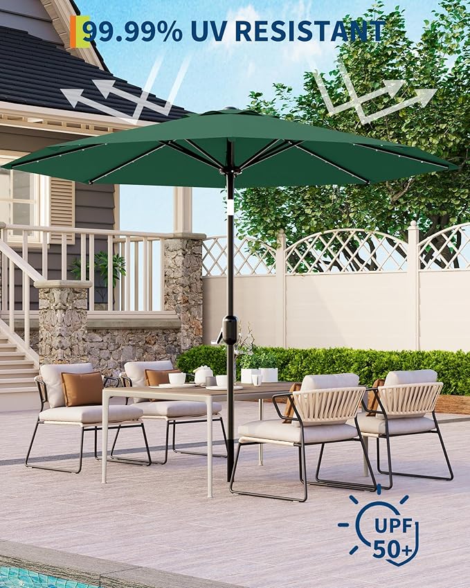 GarveeLife 10 ft Patio Umbrella with Solar Lights, 8 Ribs Outdoor Market Table Umbrella with 40 LED Lights & Tilt Crank for Pool, Deck, Backyard (Dark Green)