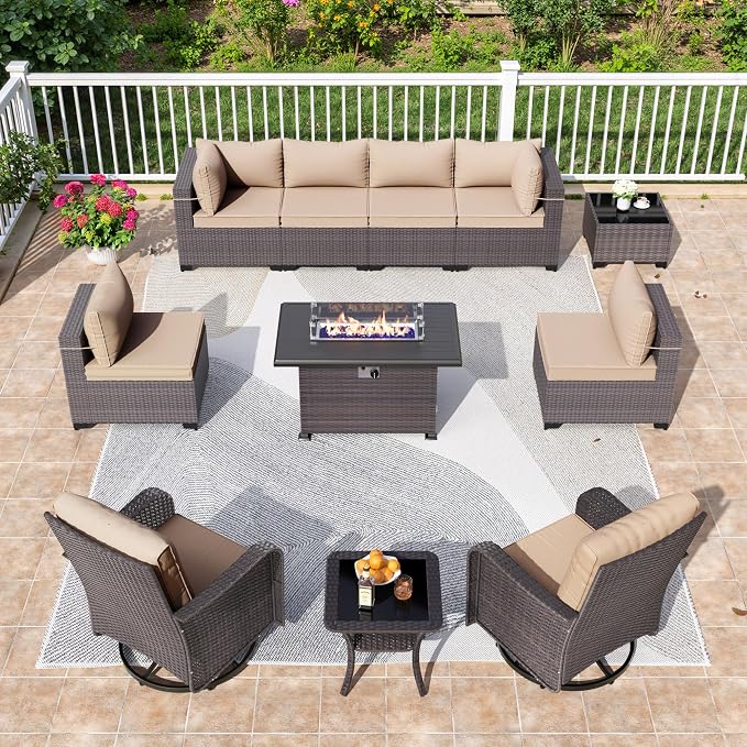 11 Pieces Outdoor Patio Furniture Set,Outdoor Sectional Furniture with 43" 55000 BTU Gas Propane Fire Pit Table,PE Rattan Wicker Patio Conversation Set,Swivel Rocking Chairs Set,Sand