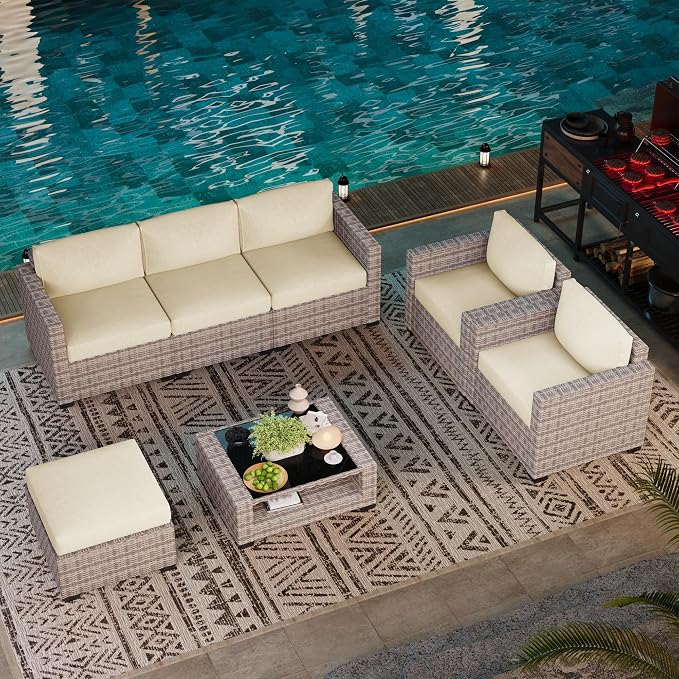 LOUVIXA 7 Piece Outdoor Patio Furniture Set, Rattan Chairs Glass Table Wicker Conversation Seating Sectional Sofa with Cushions (Grey White-Beige, 7Pcs-2 Layer Coffee Table)