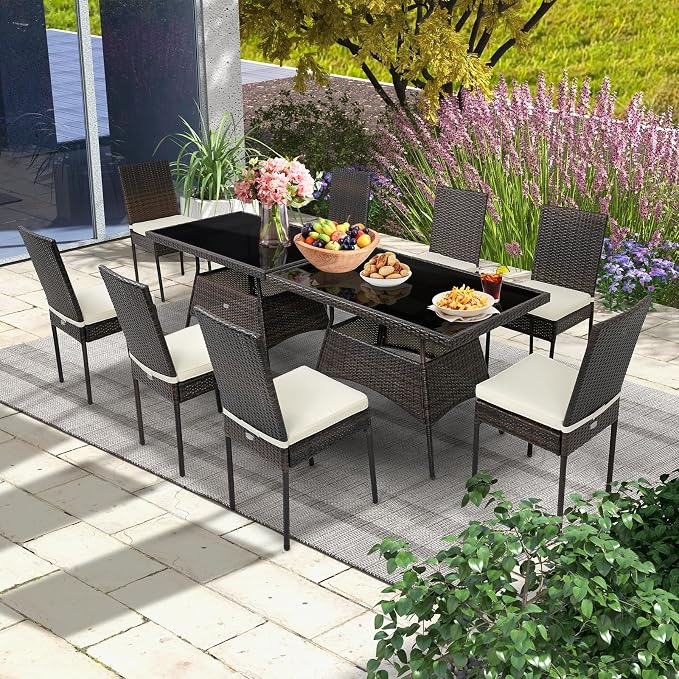 10 Pieces Patio Wicker Dining Set Outdoor Furniture, Outdoor Rattan Table and Chairs with Tempered Glass Table-top & Padded Cushions, Patio Furniture Sets for Backyard, Balcony (Brown)