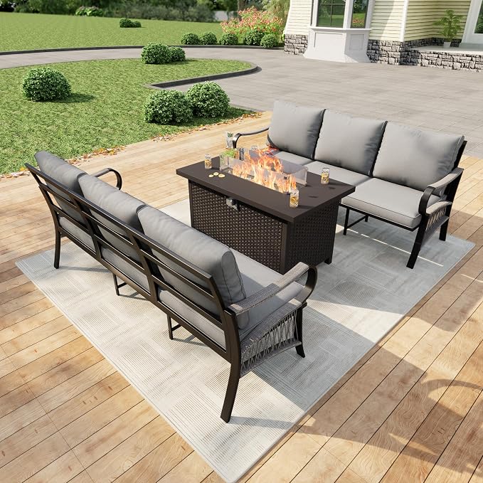 3 Pieces Patio Furniture Set, Metal Outdoor Conversation Sets with Fire Pit Table for Backyard Garden Deck Porch Poolside (Thick Gray Cushions)
