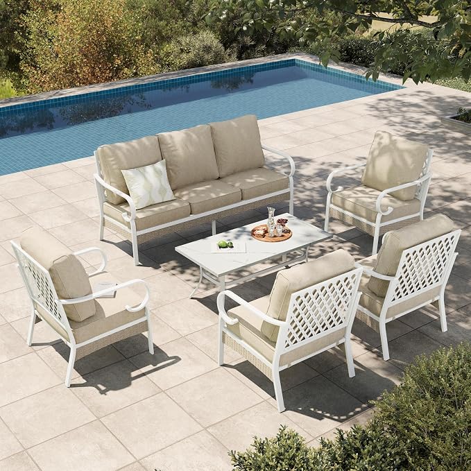 HERA'S HOUSE 6 Pieces Metal Patio Furniture Set, All Weather Outdoor Conversation Sets with 3-Seat Sofa, 4 Fixed Chairs & Coffee Table, 7 Seats for Backyard, Garden, Deck, White/Beige
