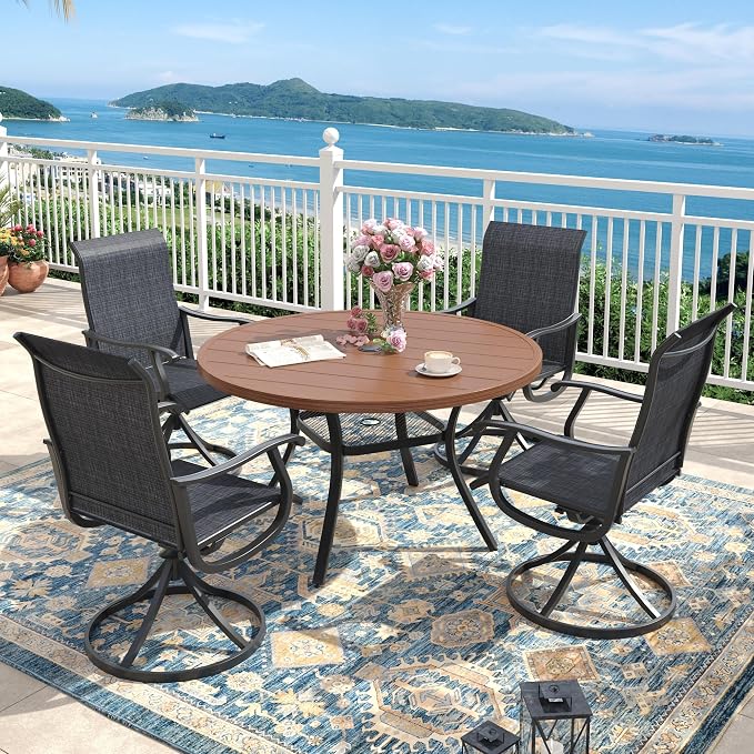 Outdoor Dining Set for 4, 40.6" Metal Round Outdoor Dining Table with Umbrella Hole and Sling Patio Swivel Chairs, 5 Pieces Patio Table and Chairs Set for Garden Backyard, Charcoal and Walnut