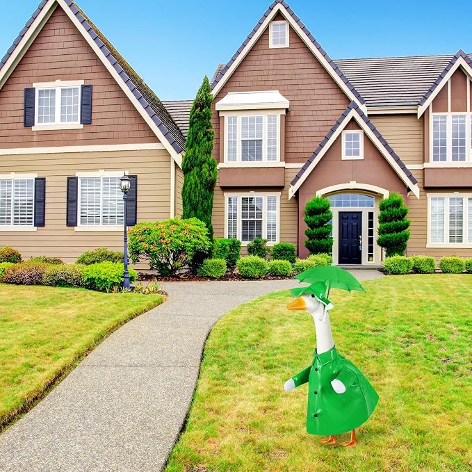 FuWeave Summer Baby Goose Outfit Raincoat and Umbrella for 17'' Lawn Porch Baby Goose Costume Plastic Raincoat Clothes for Summer Spring Outdoor Patio Yard Lawn Decoration(Green)