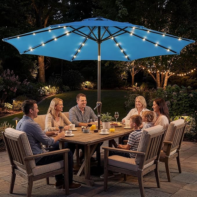 Garvee 9FT Patio Umbrella with 32 Solar LED Lights, Outdoor Table Market Umbrella with Tilt and Crank, 8 Sturdy Iron Ribs Sun Shade for Garden, Deck, Backyard and Pool, Turquoise Blue