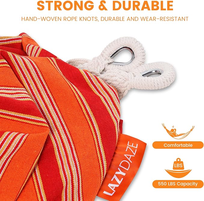 Lazy Daze Hammocks Double Brazilian Cotton Hammock, Extra Large Portable Outdoor Camping Hammock with Tree Straps & Travel Bag for Backyard Patio Poolside Indoor, 550lbs Capacity, Red Stripe