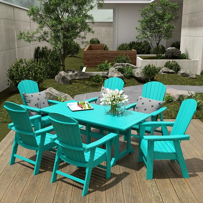 WestinTrends Dylan Adirondack Outdoor Dining Set for 6, All Weather Poly Lumber Patio Table and Chairs Set of 6, 71" Trestle Outdoor Table and Seashell Adirondack Dining Chair, Turquoise