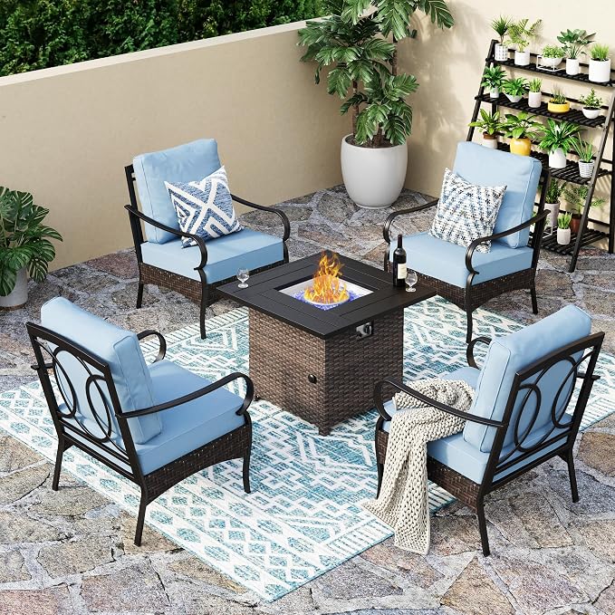 Patio Furniture Set with 32" Fire Pit Table,Patio Conversation Sets 4 Fixed Chairs with Thick Cushion and 50000 BTU Fire Pit Table (5 Pieces,Blue