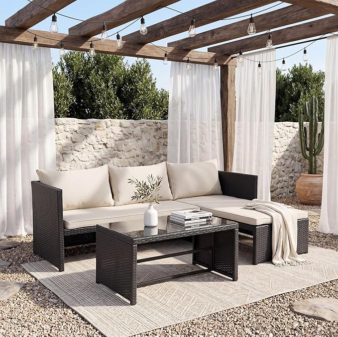 Tappio 3 Pieces Patio Furniture Sectional Sets, 3-Piece Outdoor PE Rattan Furniture Sets, Outdoor All-Weather PE Rattan Wicker Lawn Conversation Sets with Cushion and Glass Table (Begie)