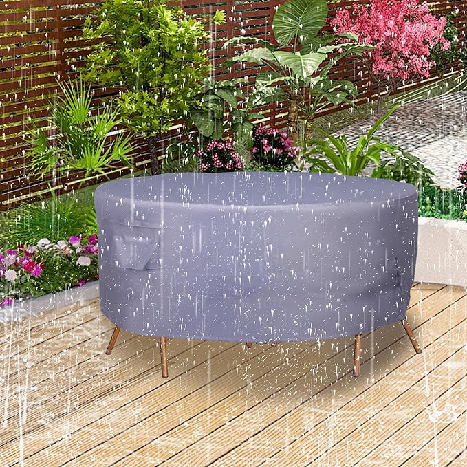 Round Patio Furniture Cover, Heavy Duty and Waterproof for Outdoor Furniture covers, Round outdoor table cover, Patio table cover 84"DIA x 27.5"H Grey