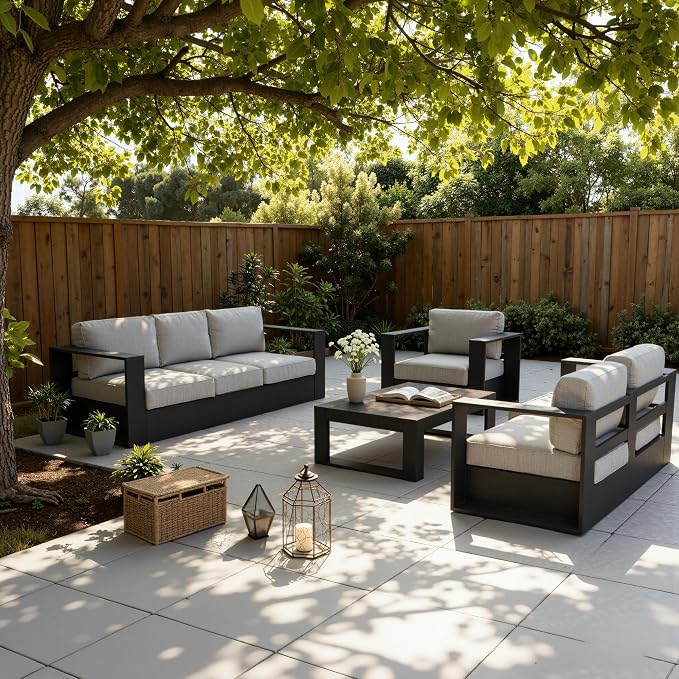 LayinSun Oversized Aluminum Outdoor Furniture Set, 4 Piece Patio Sofa Sets with Coffee Table, Deep Seating and Upgraded 6-inch Cushions for Porch, Balcony, Deck