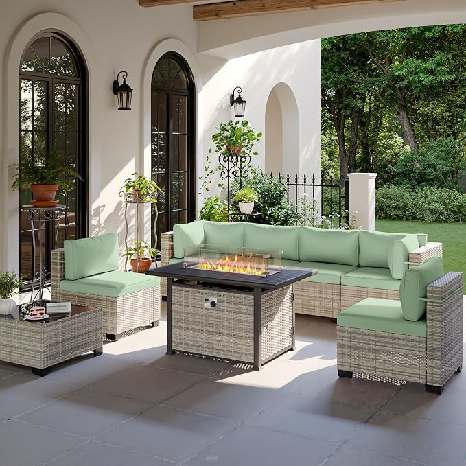 8-Piece Patio Furniture Set, Outdoor Patio Furniture with 55,000 BTU Fire Pit Table, Thick Cushions, Modular Patio Sofa, Dual-Strand Wicker Rattan, Rust-Resistant Frame, Light Green