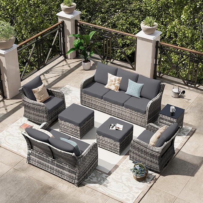 MEISSALIVVE 7 Pieces Patio Furniture Set with Swivel Chair, Wicker Patio Sofa, Rattan Conversation Set with Three-seat Sofa, 2 Ottomans and Loveseat for Lawn Backyard (Grey)