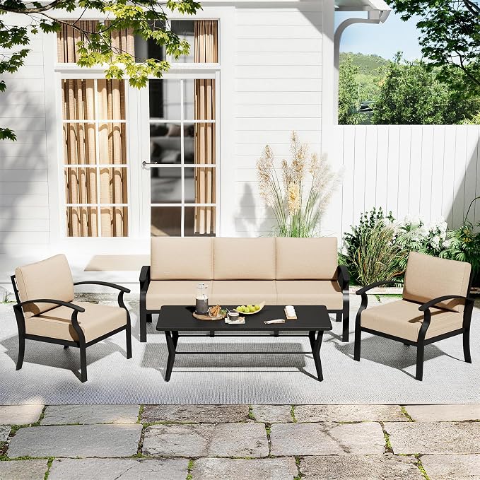 Aluminum Patio Furniture Set with Rectangular Coffee Table, 5 Seats Outdoor Patio Conversation Sets w/5.1" Cushions,Patio Conversation Sets for Garden, Backyard, Porch-Sand