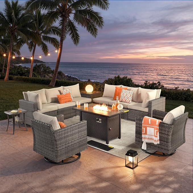ovios 11 Piece Outdoor Patio Furniture Set with Fire Pit Table,Conversation Sectional Wicker Couch with Swivel Chairs,Modern Outside Sofa for Balcony Backyard, Grey