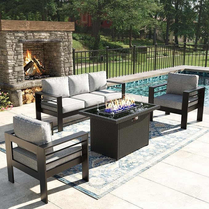 4 Pieces Modern Aluminum Patio Furniture Set with Fire Pit Table, Outdoor Conversation Sets Metal Sectional Sofa