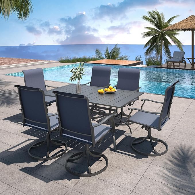 Patio 63"x38"x28" Table and Navy Blue Swivel Chairs Dining Set for 6 Person | 6 Piece Swivel Chairs: High Back, Retro Armrest, Textilene Fabric, Rocking; 63"x38"x28" Metal Rectangle Table, All Weather