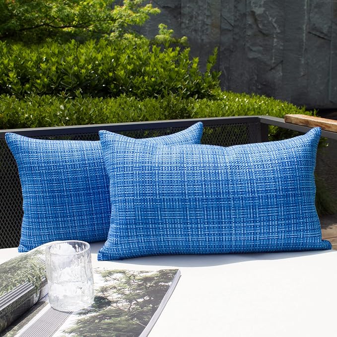 Kevin Textile Outdoor Waterproof 12"x20" Lumbar Pillow Covers 2 Pack, Blue | Water Resistant, Faux Linen Yarn-dyed, Woven Texture Throw Pillow Covers for Tent Patio Garden Couch Sofa