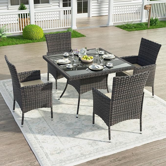 Kullavik 5 Pieces Outdoor Dining Set Patio Rattan Furniture Set,Patio Dining Table and Chairs Set with 4 Chairs and Cushions,Square Glass Tabletop with Umbrella Hole for Patio,Backyard,Sand