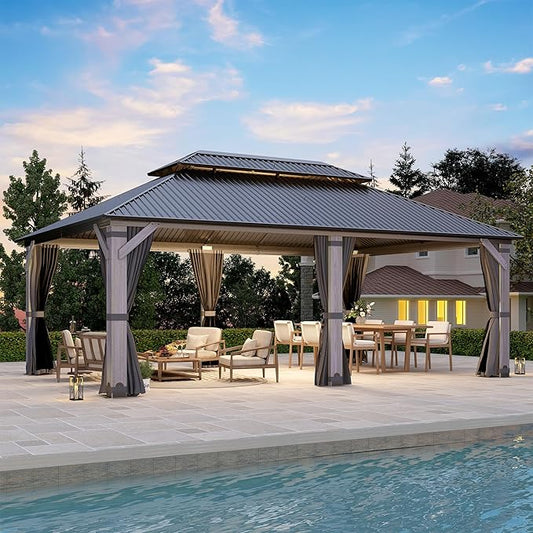 12' x 20' Wood Gazebo, Outdoor Hardtop Gazebo with Wood Posts and Galvanized Steel Doule Roof, Wooden Frame Gazebos with Netting and Curtains for Patio, Backyard, Dec