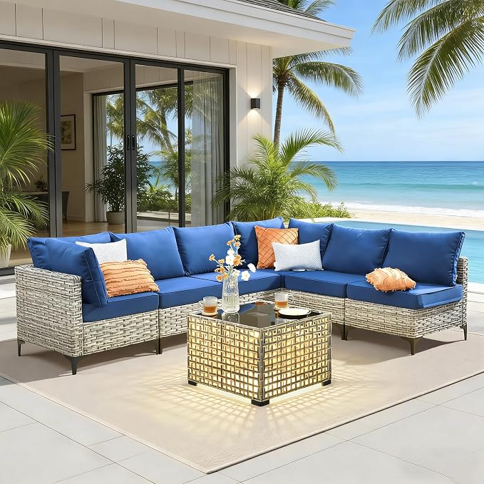 7 Pieces Patio Furniture Set with Solar Light Coffee Table, All-Weather Rattan Outdoor Sectional Conversation Sets L Shaped Sofas with Thick Cushions for Porch Balcony Backyard Navy Blue