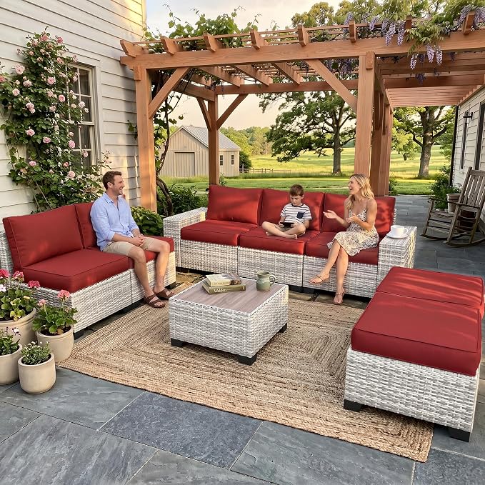 8-Piece Outdoor Patio Furniture Set Wicker Sectional Sofa Set with Ottomans, Patio Conversation Set with Thickened Cushions & Coffee Table for Garden, Backyard, Poolside, Red