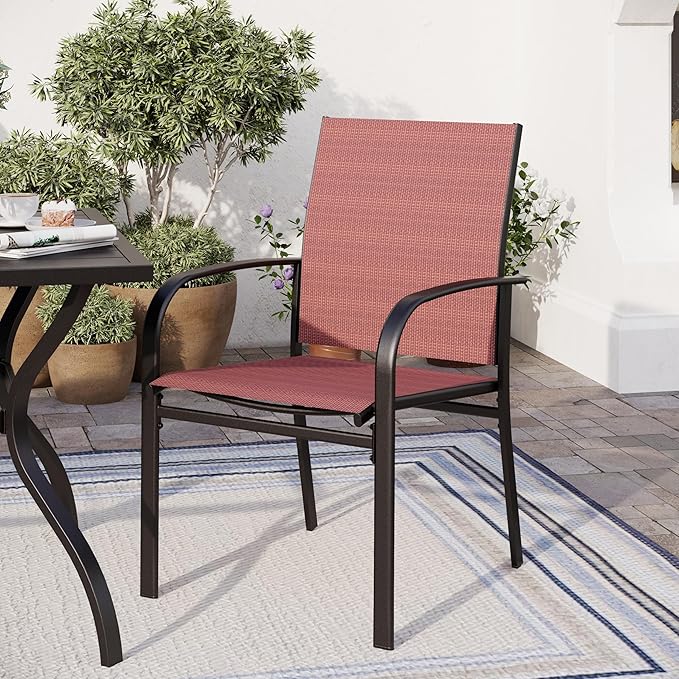 SUNSHINE VALLEY 5 Piece Patio Dining Set for 4, 42" x 42" Round Metal Table with Umbrella Hole and 4 Red Chairs, Outdoor Table and Chairs Set for Lawn Backyard and Deck