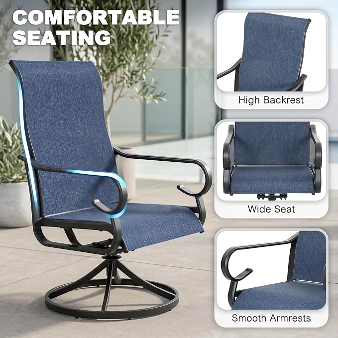 NUU GARDEN 7-Piece Patio Dining Set for 6, Textilene Swivel Chairs | All-weather blue patio furniture set for 6. Breathable textilene swivel rockers. Large table with umbrella hole