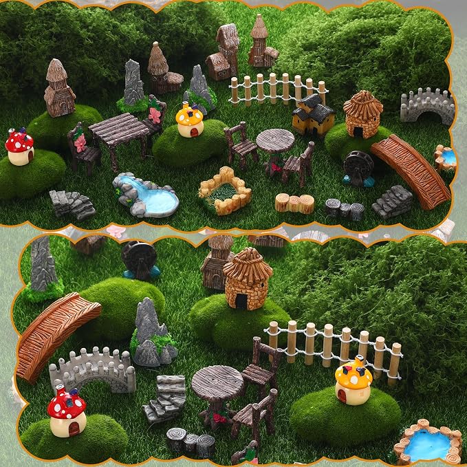 32 Pcs Fairy Garden Accessories Miniature Landscape Ornaments Set | Resin Miniature Garden Decor Set with Woodland Animals Houses, 32 Pcs DIY Terrarium Succulent Plant Ornaments