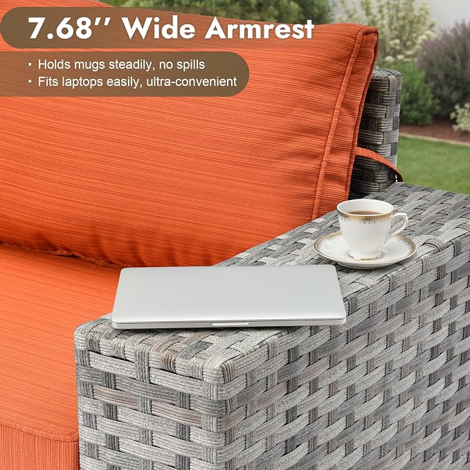 10 Pieces Outdoor Patio Sectional, Wicker Patio Furniture Set with 42 inch Fire Pit Table, All-Weather L Shaped Patio Conversation Set with Swivel Chairs, for Backyard Porch Yard,Orange