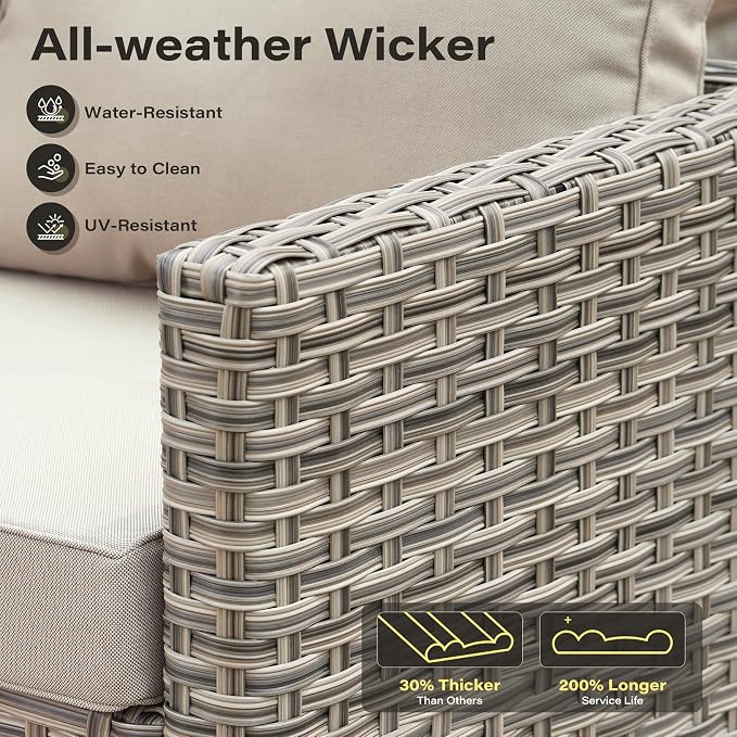11 Pieces Outdoor Sectional Patio Furniture Set with 54" Fire Pit,Wicker Conversation Sets Rattan L Shaped Couch Swivel Rocking Chairs,Modular Outdoor Sofa for Porch Balcony Backyard Beige