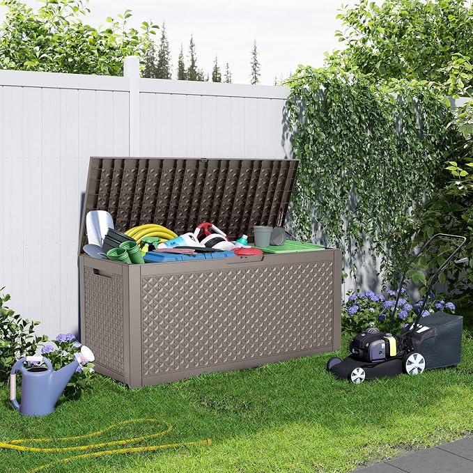 Vixzen 110 Gallon Deck Boxes Outdoor Waterproof, Large Resin Lockable Storage Box with lid for Patio Furniture Cushions, Weatherproof Outdoor Storage Boxes for Garden Tools & Pool Accessories(Grey)