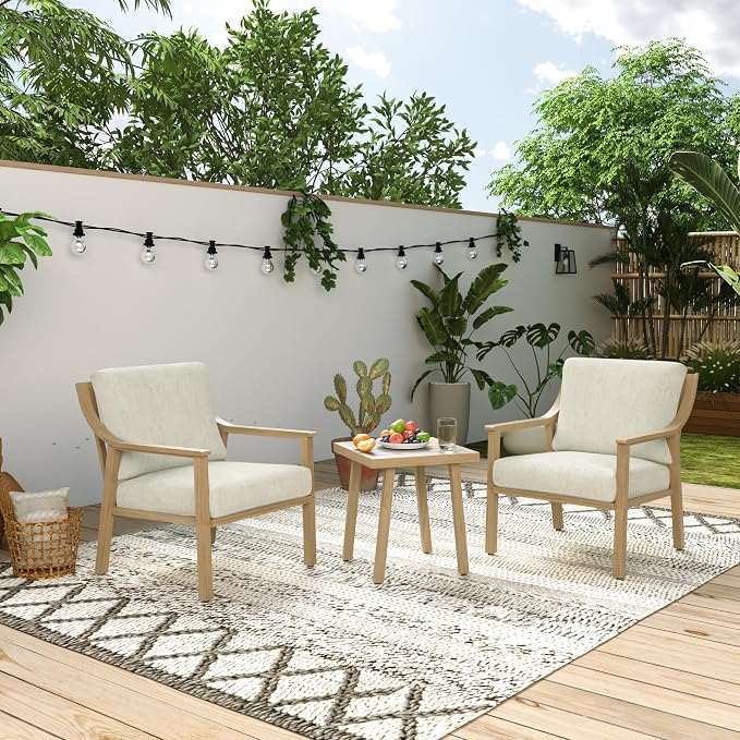 3-Piece Patio Conversation Set Aluminum for Outdoor Porch, Deck,(Beige) | All-Weather Aluminum Outdoor Conversation Set 1 Side Table and 2 Cushioned Armchairs rustproof