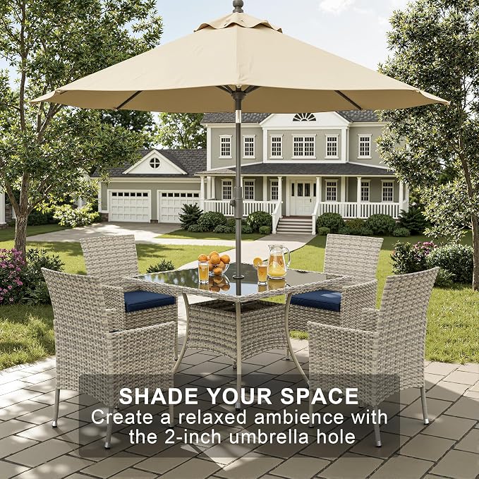 10-Piece Patio Dining Set, Patio Furniture Set with Square Tempered Glass Table & 8 Wicker Chairs, Expandable Design for Larger Groups, Outdoor Furniture for Backyard, Deck, Garden, Navy Blue