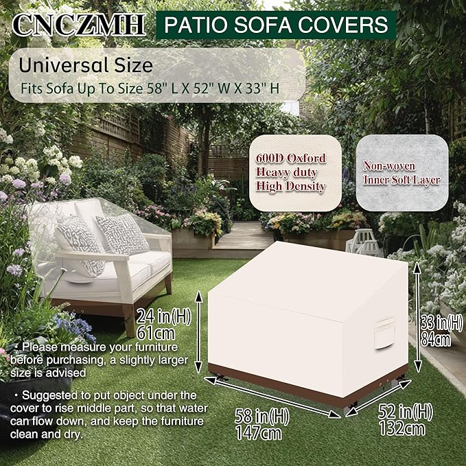 Heavy Duty Patio Sofa Covers Waterproof, Outdoor 3-Seater Couch Cover Waterproof, 600D Outdoor 2-Seater Loveseat Furniture Covers with Air Vent Handle 58''W x 52''D x 24''H/ 33''H Beige Brown