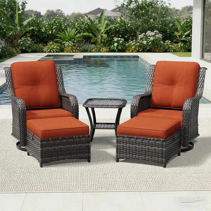 Joyside 5 Piece Wicker Patio Furniture Set, Outdoor Swivel Rocker Patio Chairs with High Back, Deep Seating, Wide Armrest, Thickened Cushions, Outdoor Furniture for Deck, Porch Use