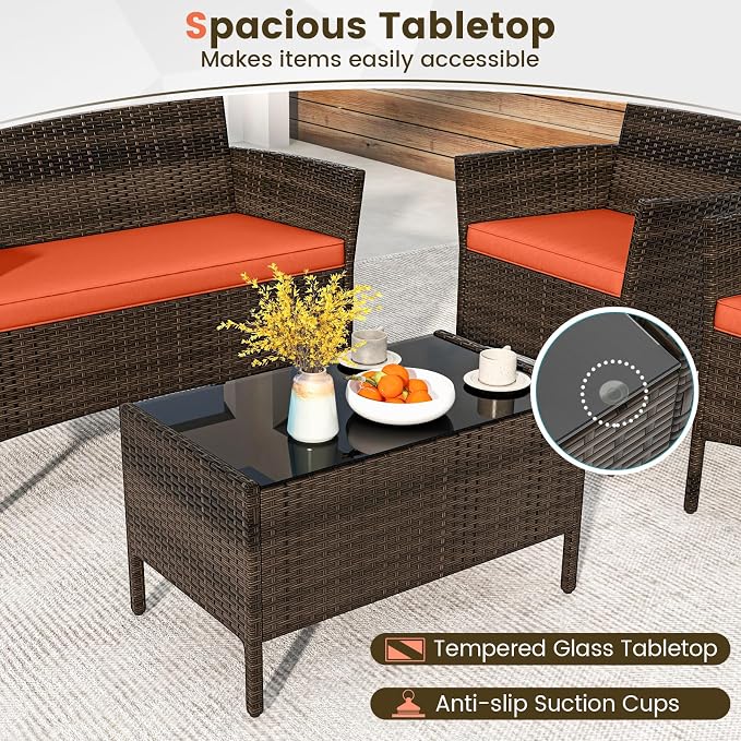 DORTALA Wicker Patio Furniture Set 4 Piece, Outdoor PE Rattan Table & Chairs Set with Tempered Glass Coffee Table, Loveseat, Cushions, Conversation Set for Balcony, Porch, Backyard, Deck, Orange