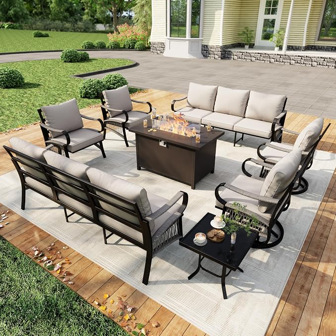 8 Pieces Outdoor Patio Conversation Sets, Outdoor Furniture Set Metal 2 Three-Seater 2 Swivel Rockers with Side Table 2 Single Chairs with Fire Pit Table for Backyard Deck Porch Poolside, Beige