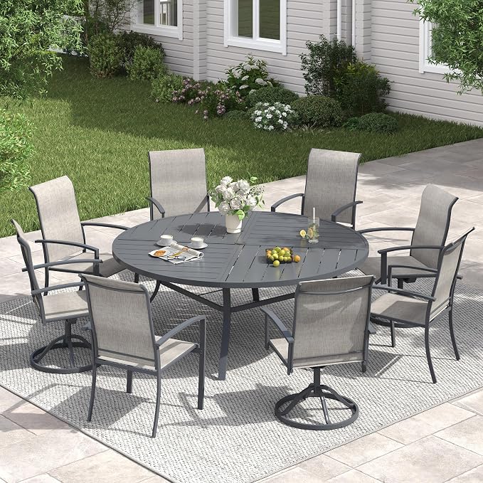 VICLLAX 9 Pieces Patio Dining Set for 8, 60.1" Round Outdoor Table and Chairs (4 Patio Fixed Chairs and 4 Swivel Chairs) for Deck Garden, Dark Grey